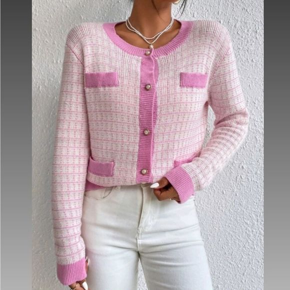 Gracy's Fashion Sweaters - Pink plaid cardigan with pearl buttons